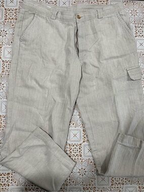 Perry Ellis 100% Linen Cargo Pants Men’s 38x30 Beige Straight Leg Lightweight